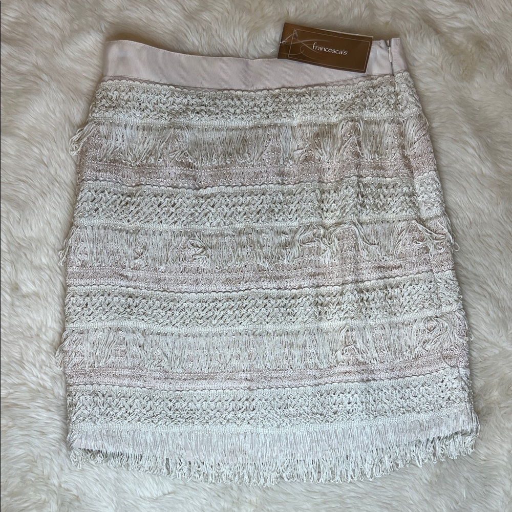 Francesca's Collections Ivory Fringe Mini Skirt